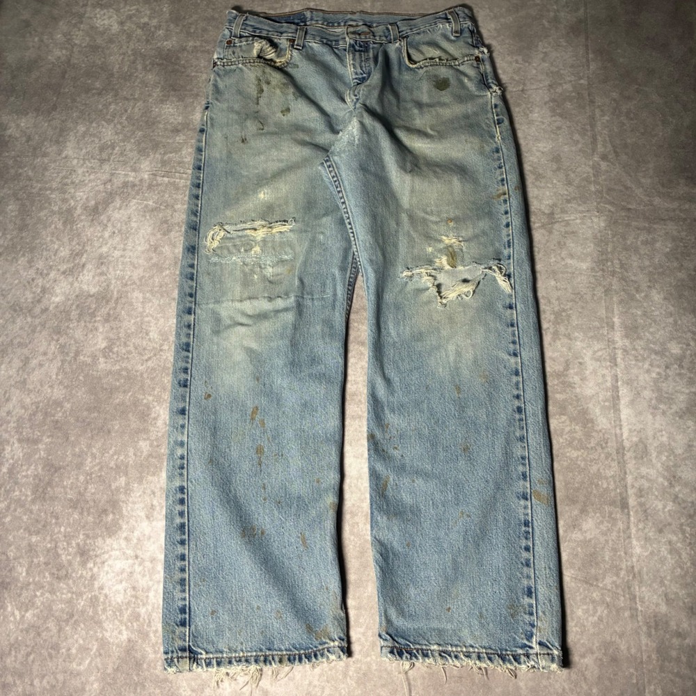 Vintage Levis 505 Distressed Thrashed Paint Splatter Jeans Mens 36x30 Light Wash